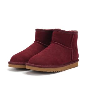 Low-cut Snow Boots Cowhide Rubber Fur Fashion Casual (Option: Wine Red-35)