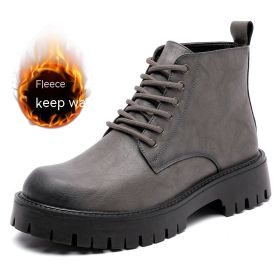 Thick Bottom 6 Holes British Style Warm High-top Leather Boots (Option: Gray, Fleece Lining-38)