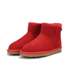Low-cut Snow Boots Cowhide Rubber Fur Fashion Casual (Option: Watermelon Red-35)